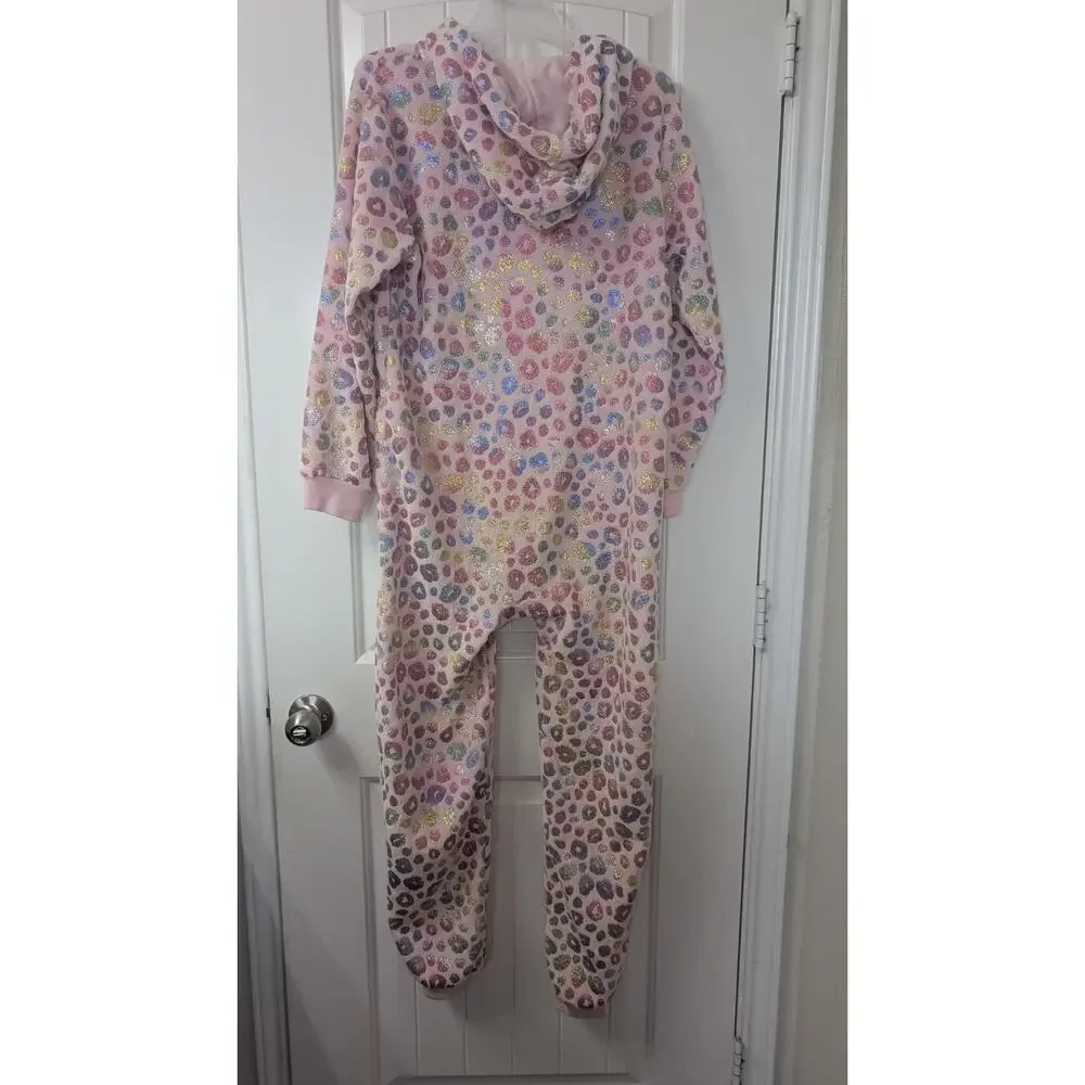 PJ Place Girls Hooded Fleece One-Piece Sleeper Zip Leopard Print Pink 14